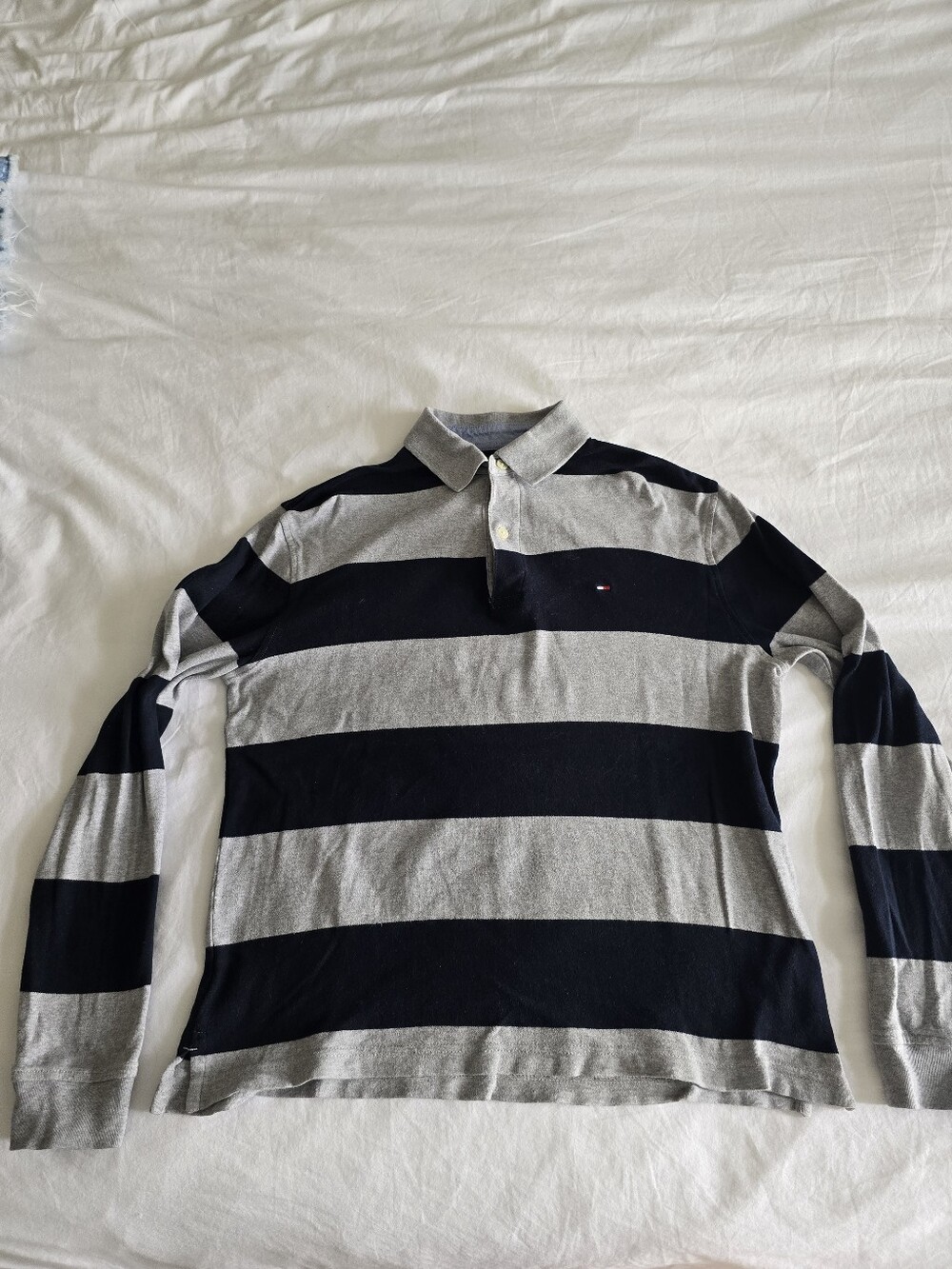 Tommy Hilfiger Men’s Navy and Grey Striped Long-Sleeve Polo